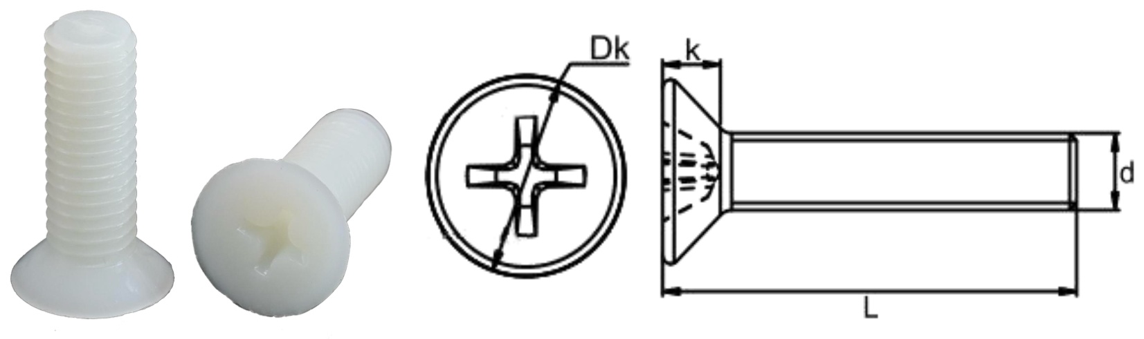 PA66/I0 Cross Countersunk Head Screw — product photo and dimensional drawing