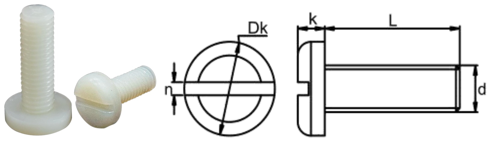 PA66/N0 Slotted Pan Head Screw — product photo and dimensional drawing