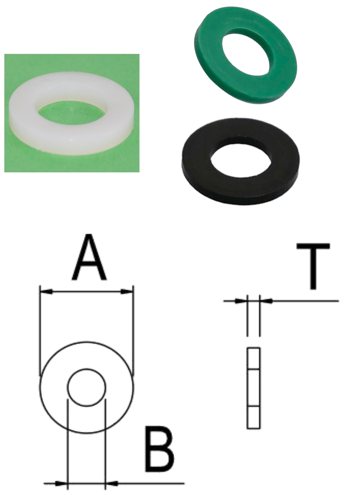 PA66/W0 Flat Washer — product photo and dimensional drawing