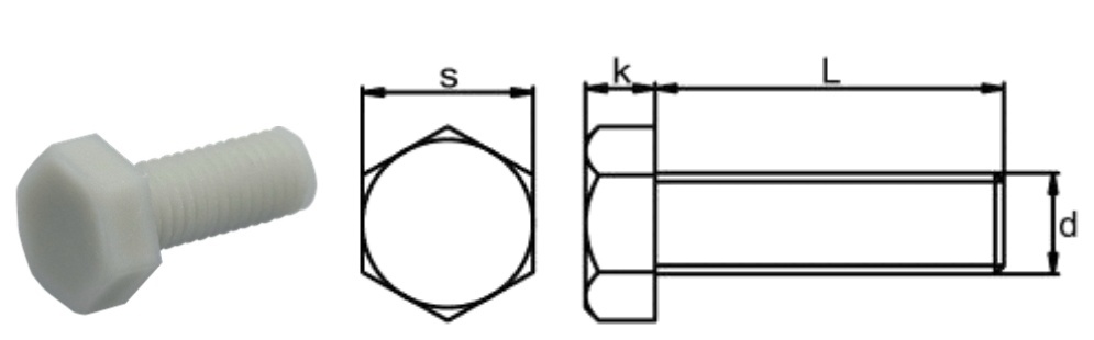PA66+GF/J0 Hexagon Head Bolt — product photo and dimensional drawing