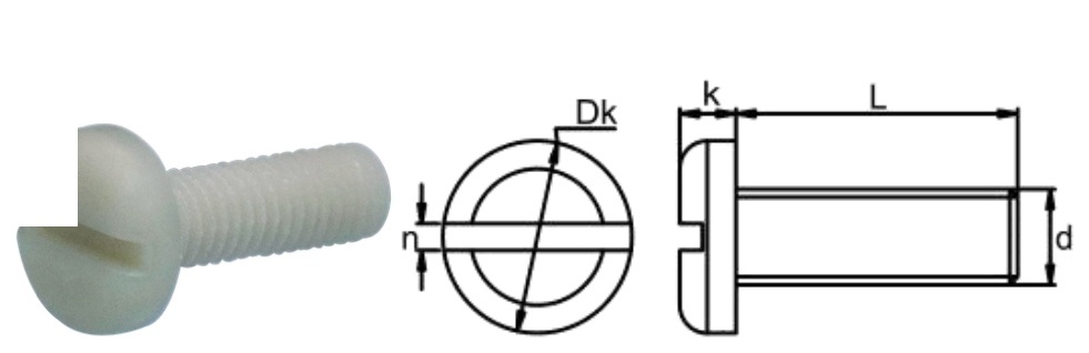 PA66+GF/N0 Slotted Pan Head Screw — product photo and dimensional drawing