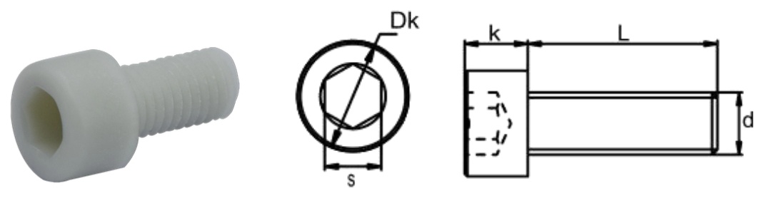 PA66+GF/S0 Hexagon Socket Head Screw — product photo and dimensional drawing