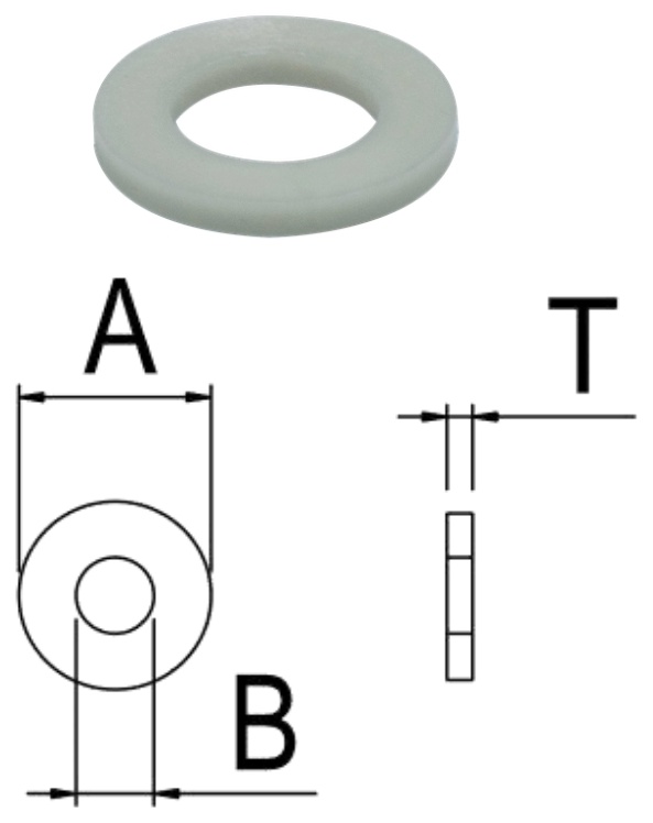 PA66+GF/W0 Flat Washer — product photo and dimensional drawing