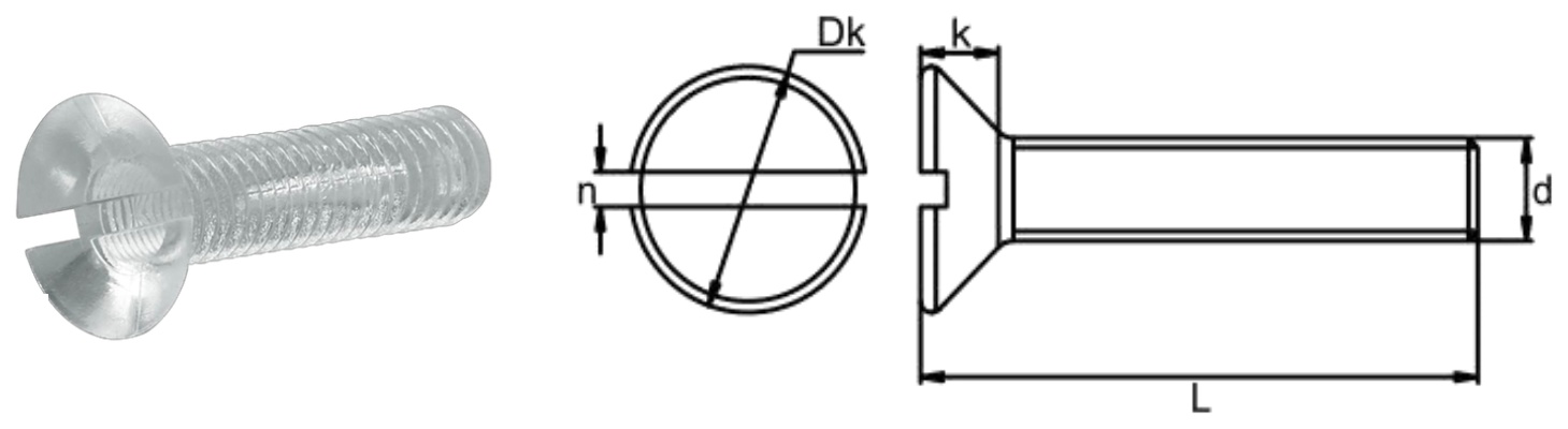 PC/H0 Slotted Countersunk Head Screw — product photo and dimensional drawing