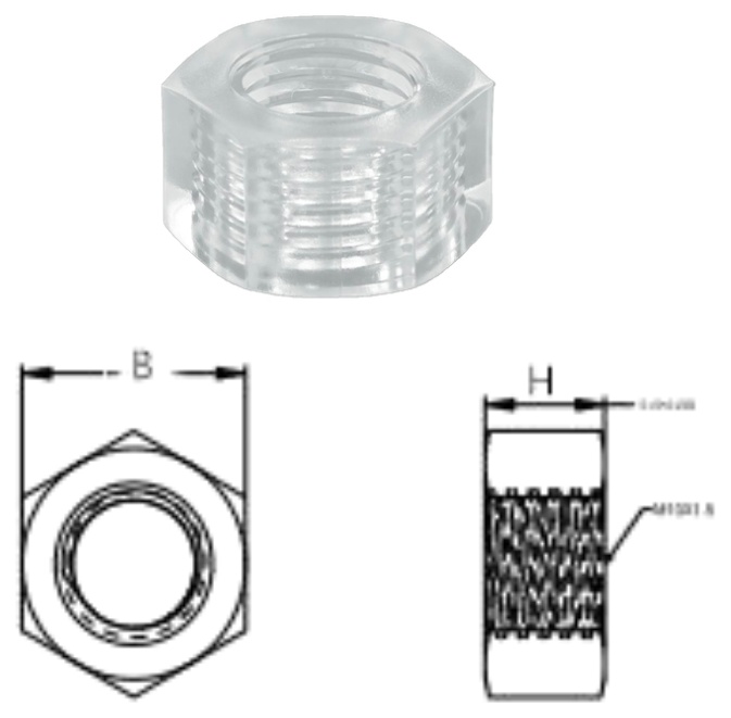 PC/HN Hexagon Nut — product photo and dimensional drawing