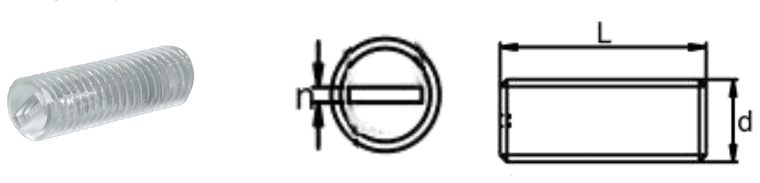 PC/R0 Slotted Set Screw (Flat Point) — product photo and dimensional drawing