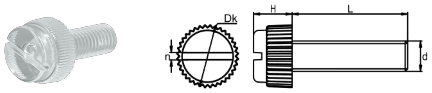 PC/T0 Slotted Knurled Screw — product photo and dimensional drawing