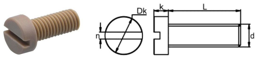 PEEK/D0 Slotted Cheese Head Screw — product photo and dimensional drawing