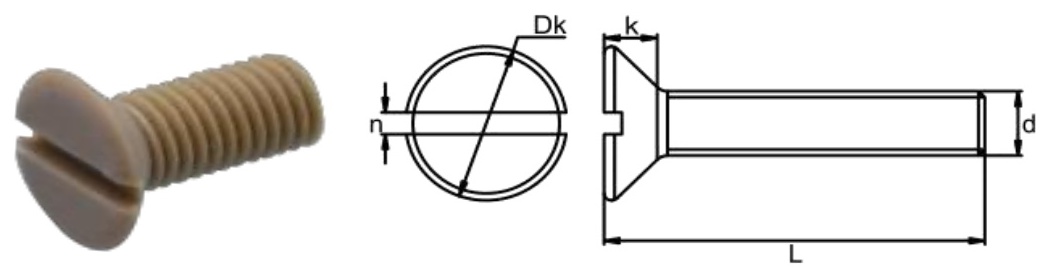 PEEK/H0 Slotted Countersunk Head Screw — product photo and dimensional drawing