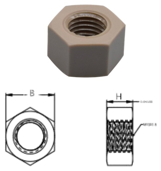 PEEK/HN Hexagon Nut — product photo and dimensional drawing