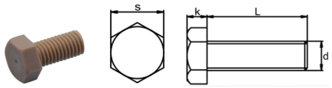 PEEK/J0 Hexagon Head Bolt — product photo and dimensional drawing