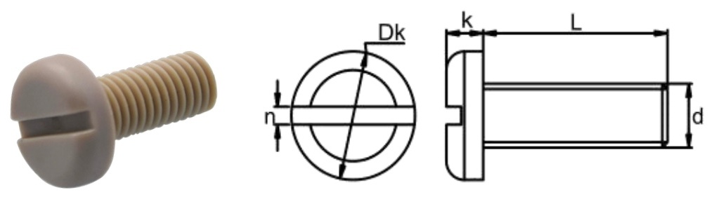 PEEK/N0 Slotted Pan Head Screw — product photo and dimensional drawing