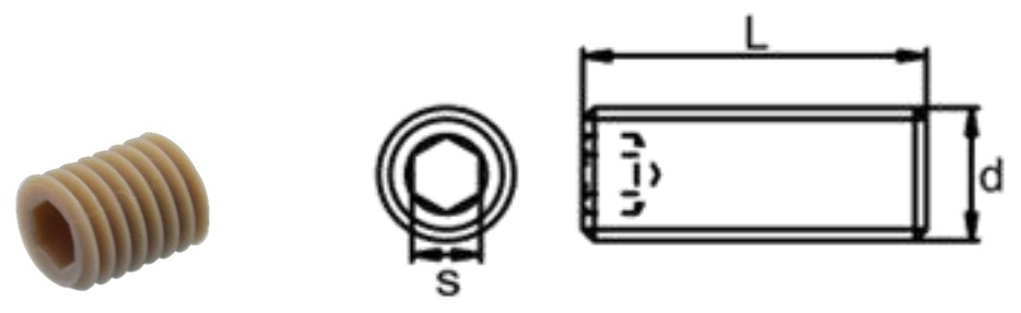 PEEK/Q0 Hex Socket Set Screw — product photo and dimensional drawing