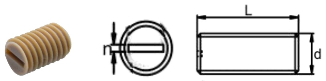 PEEK/R0 Slotted Set Screw (Flat Point) — product photo and dimensional drawing