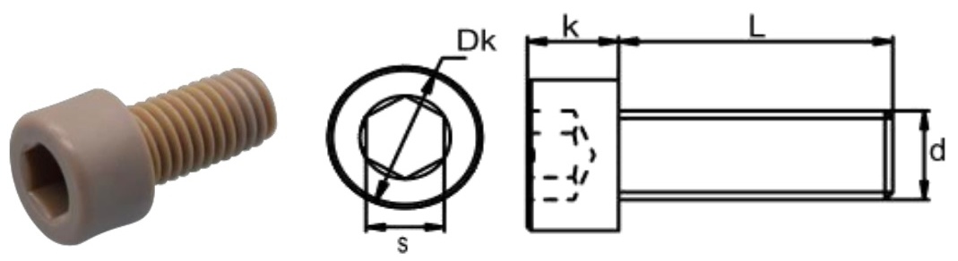 PEEK/S0 Hexagon Socket Head Screw — product photo and dimensional drawing