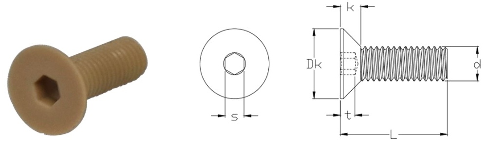 PEEK/SI Hexagon Socket Countersunk Cap Screw — product photo and dimensional drawing