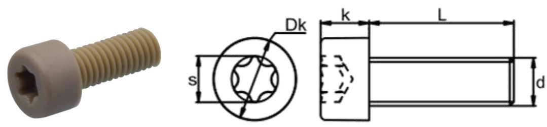 PEEK/ST Torx (Hex Lobular) Socket Head Screw — product photo and dimensional drawing