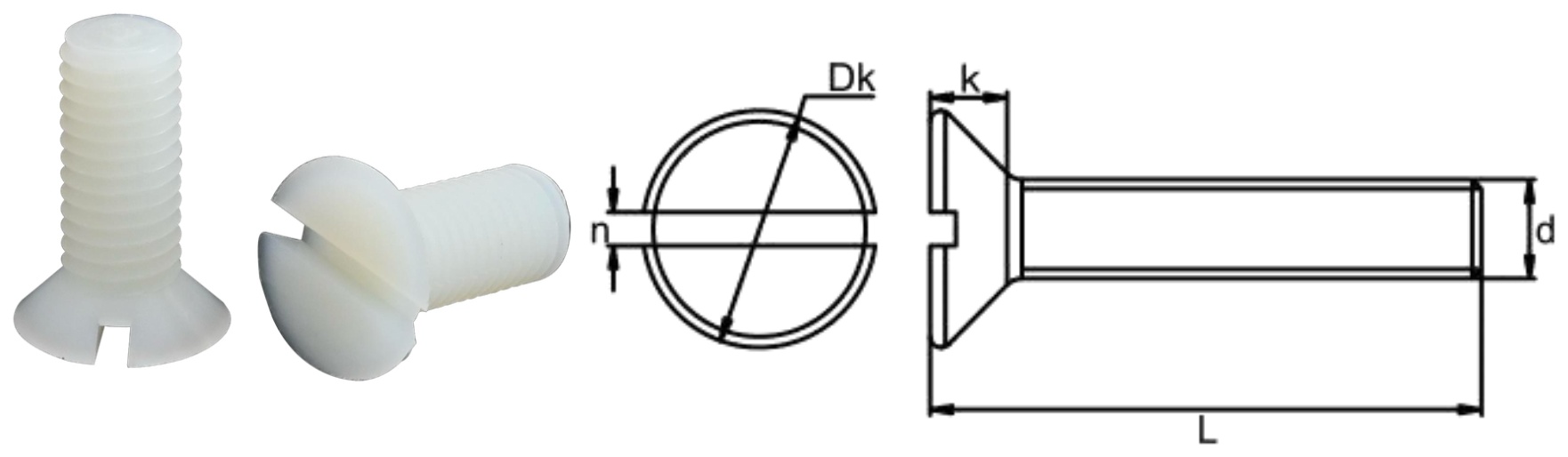 PP/H0 Slotted Countersunk Head Screw — product photo and dimensional drawing