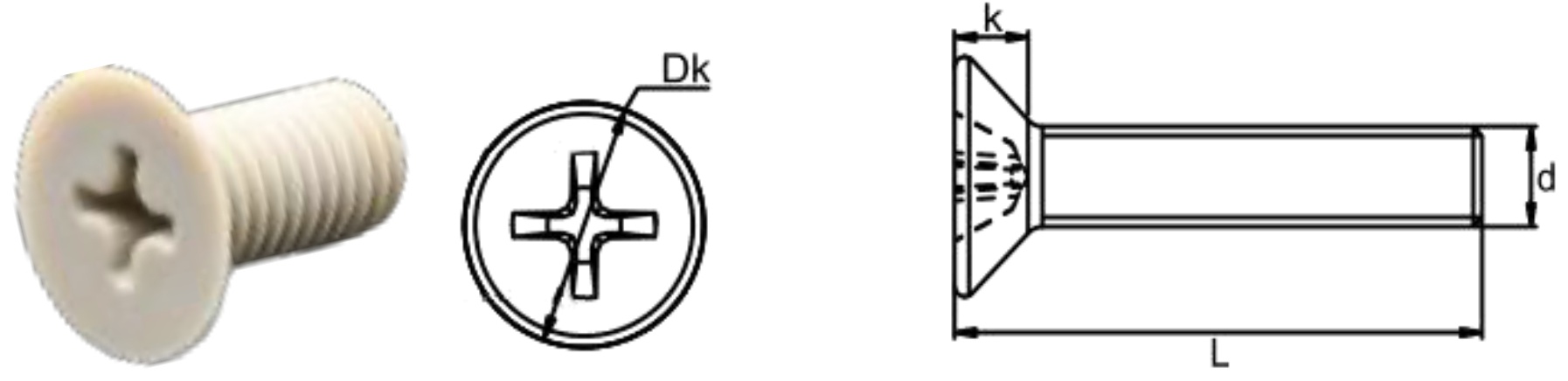 PPS/I0 Cross Countersunk Head Screw — product photo and dimensional drawing