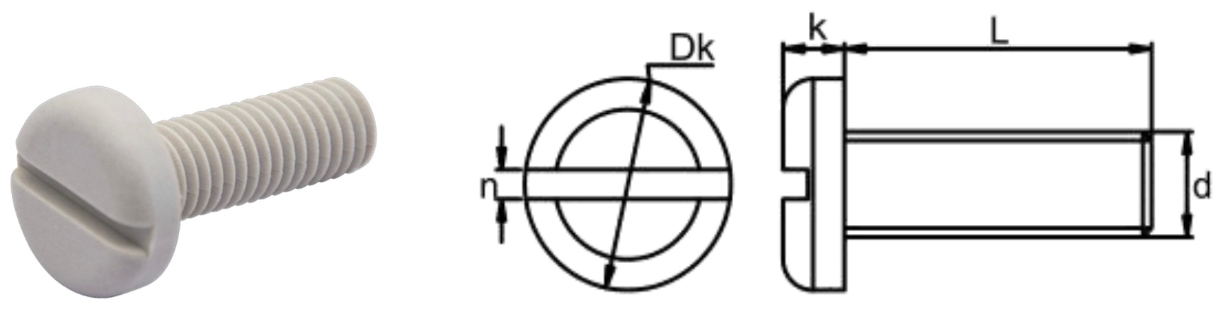 PPS/N0 Slotted Pan Head Screw — product photo and dimensional drawing
