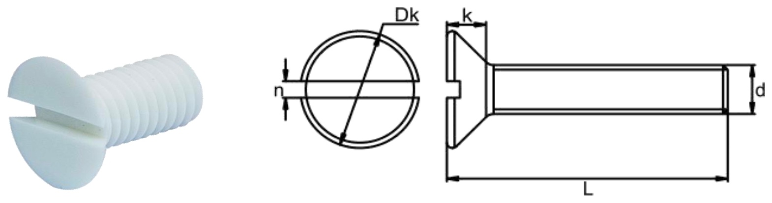 PTFE/H0 Slotted Countersunk Head Screw — product photo and dimensional drawing