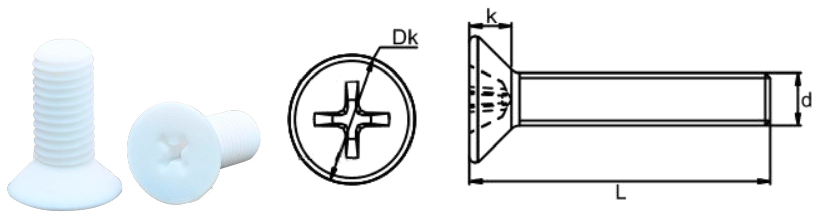 PTFE/I0 Cross Countersunk Head Screw — product photo and dimensional drawing