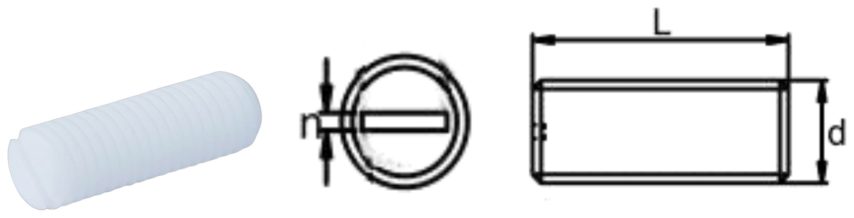 PTFE/R0 Slotted Set Screw (Flat Point) — product photo and dimensional drawing