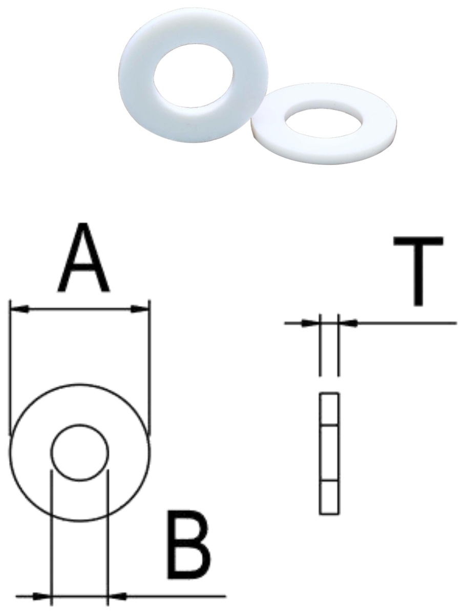 PTFE/W0 Flat Washer — product photo and dimensional drawing