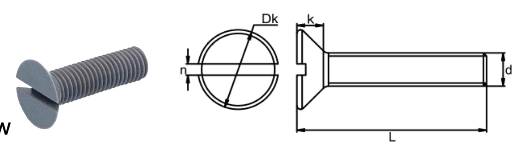 PVC/H0 Slotted Countersunk Head Screw — product photo and dimensional drawing