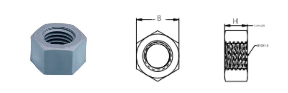PVC/HN Hexagon Nut — product photo and dimensional drawing