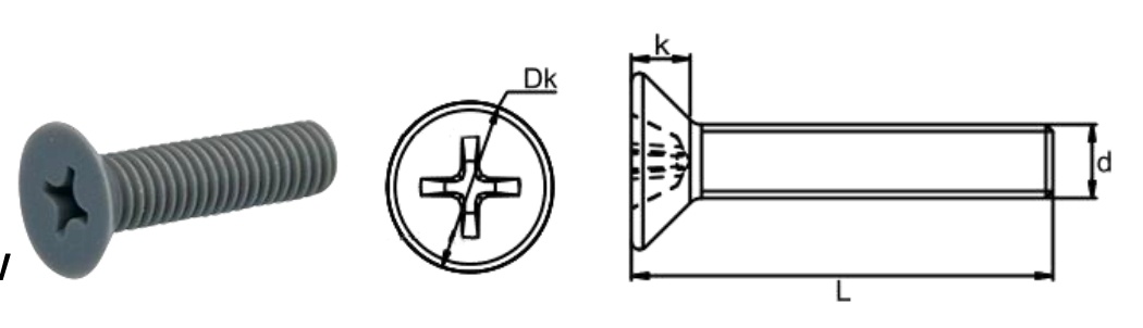 PVC/I0 Cross Countersunk Head Screw — product photo and dimensional drawing