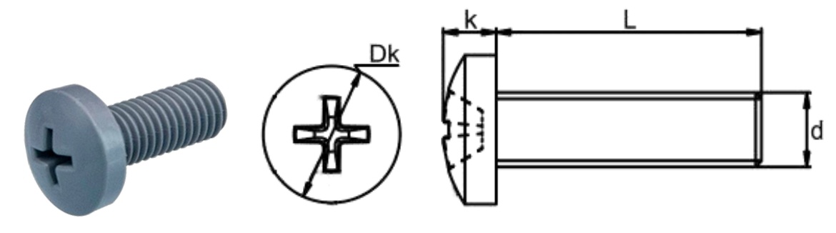 PVC/P0 Cross Pan Head Screw — product photo and dimensional drawing