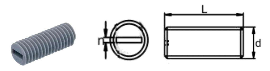 PVC/R0 Slotted Set Screw — Flat Point — product photo and dimensional drawing