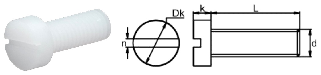 PVDF/D0 Slotted Cheese Head Screw — product photo and dimensional drawing