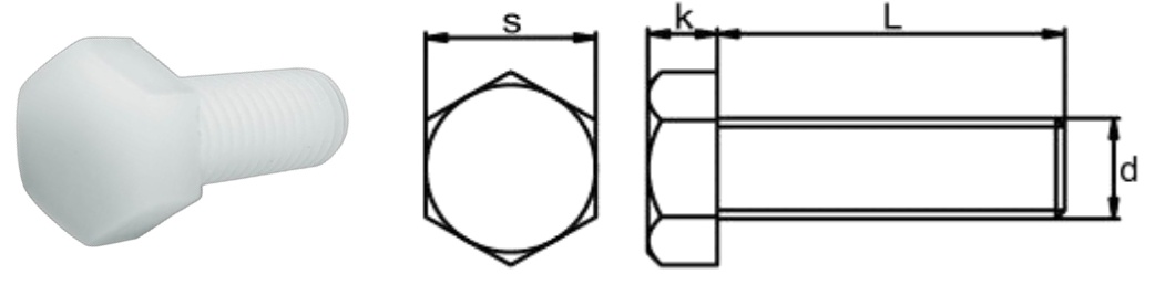 PVDF/J0 Hexagon Head Bolt — product photo and dimensional drawing