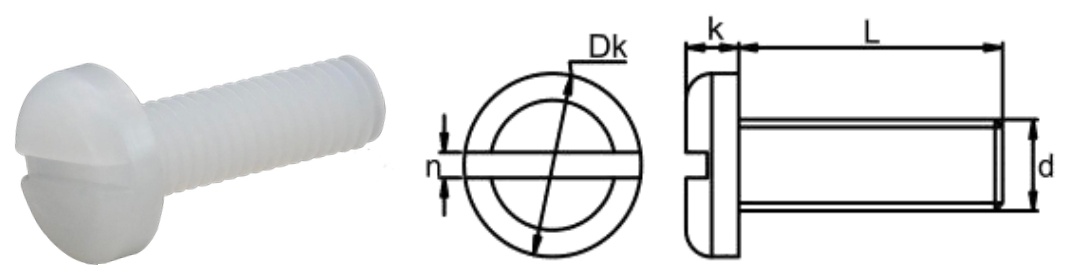 PVDF/N0 Slotted Pan Head Screw — product photo and dimensional drawing