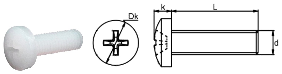 PVDF/P0 Cross Pan Head Screw — product photo and dimensional drawing