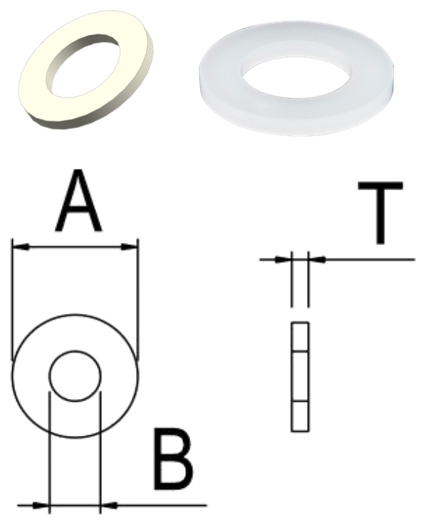 PVDF/W0 Flat Washer — product photo and dimensional drawing